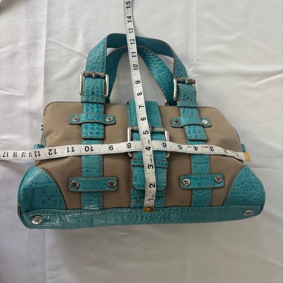 Michael Kors Satchel Turquoise Croc Embossed Canvas Buckle Shoulder Bag Y2K - Picture 12 of 13